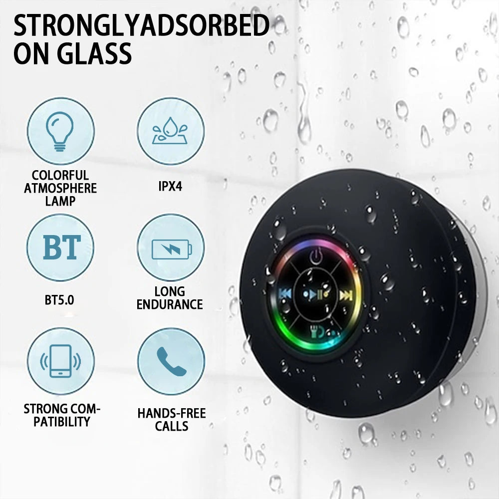Haut-parleur Bluetooth sans fil portable LED étanche Salle de bain extérieure Grande ventouse