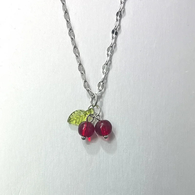 Bijoux Collier Cerises đ Acier inoxydable mignon Perles de pierre naturelle