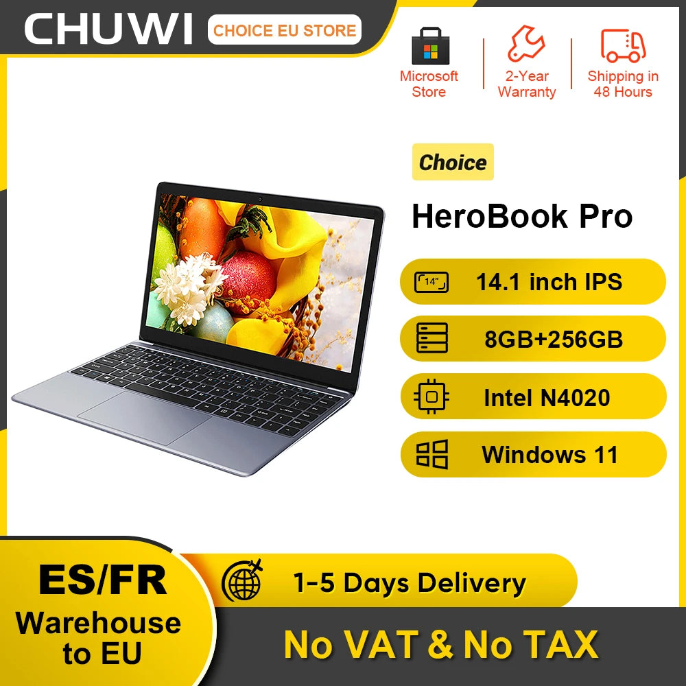 CHUWI HeroBook Pro Ordinateur portable Écran FHD 14,1’’ Intel Celeron N4020 Dual Core UHD Graphics 8 Go  256 Go SWindows 11