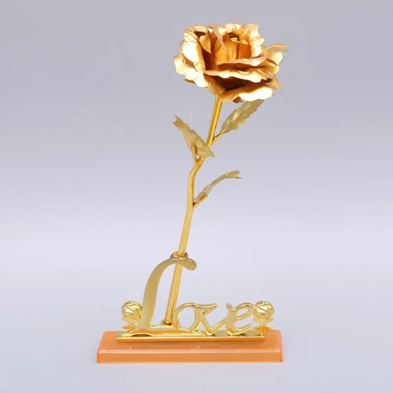 Rose 25 cm plaqué Or | Fleur artificielle + Socle offert