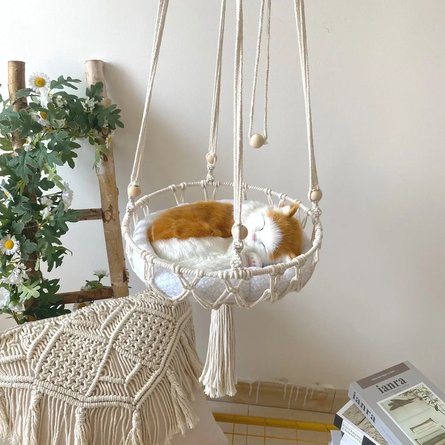 Hamac pour chat Panier suspendu Balançoire tissé à la main Corde de coton