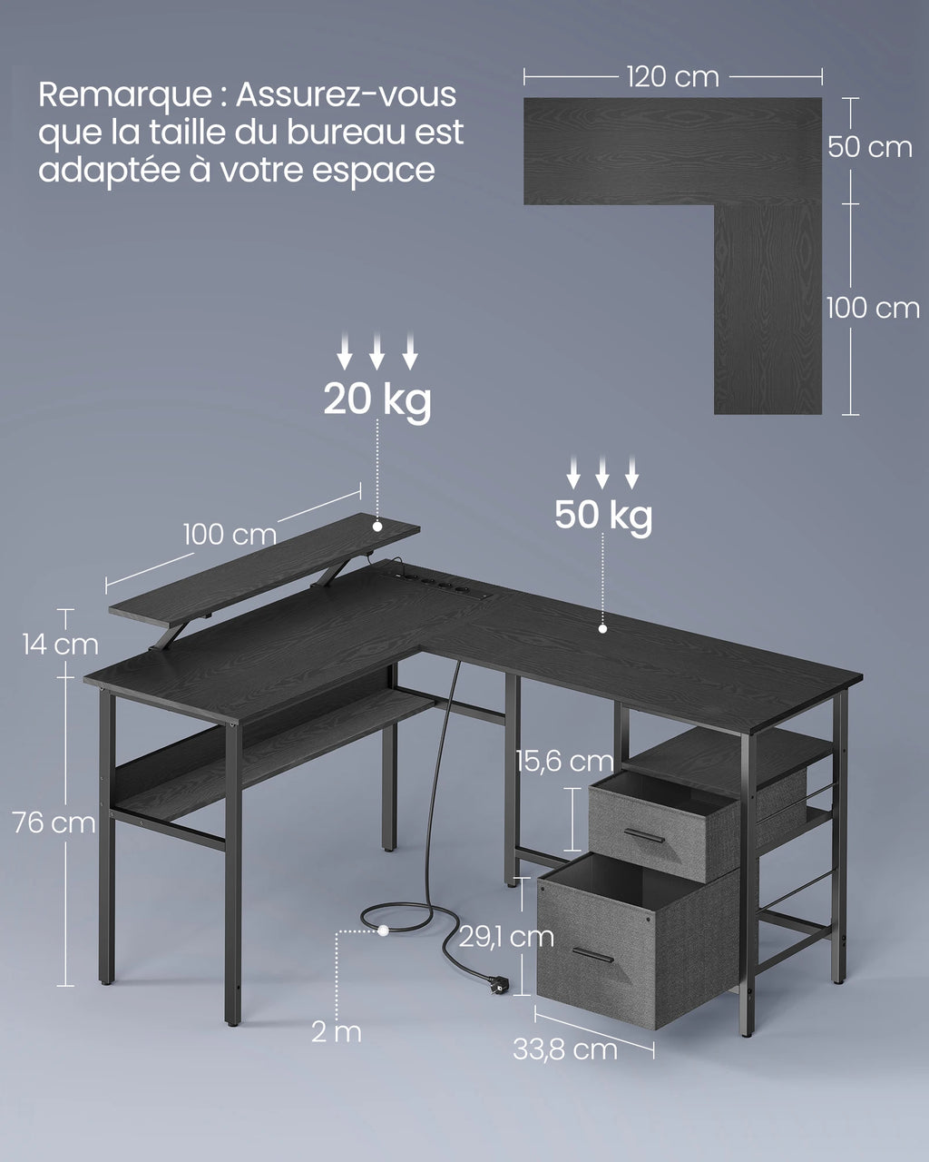 Bureau en forme de L VASAGLE avec prises, bureau d’angle, bureau d’ordinateur, support de moniteur, table de jeu, éclairage LED, ports USB