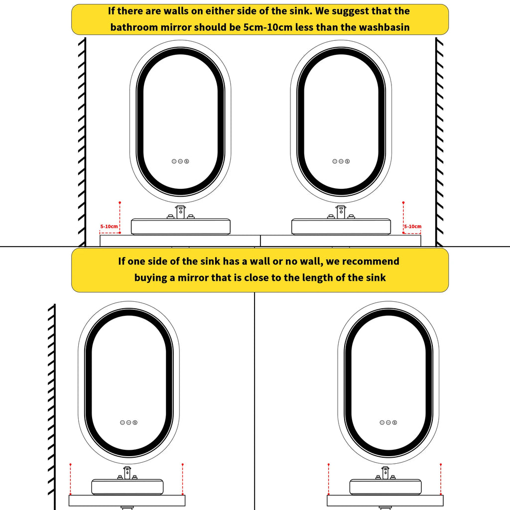 Grand miroir mural de salle de bain ovale à LED  à intensité variable anti-buée