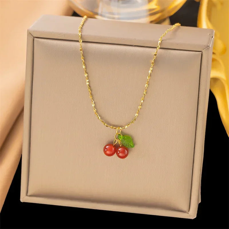 Bijoux Collier Cerises 🍒 Acier inoxydable mignon Perles de pierre naturelle