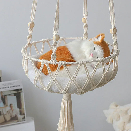 Hamac pour chat Panier suspendu Balançoire tissé à la main Corde de coton