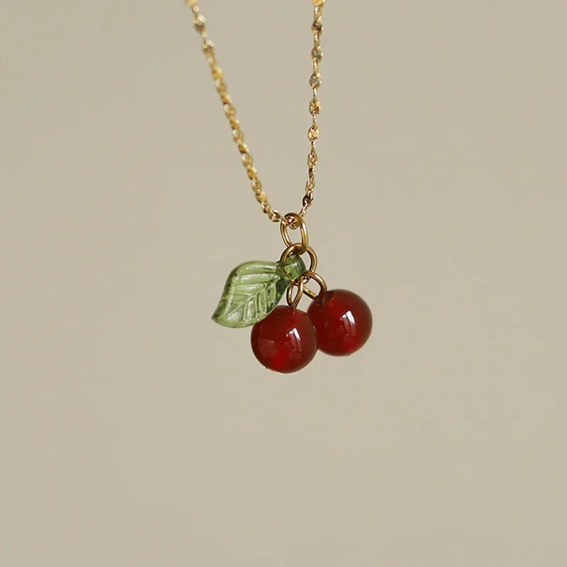 Bijoux Collier Cerises 🍒 Acier inoxydable mignon Perles de pierre naturelle