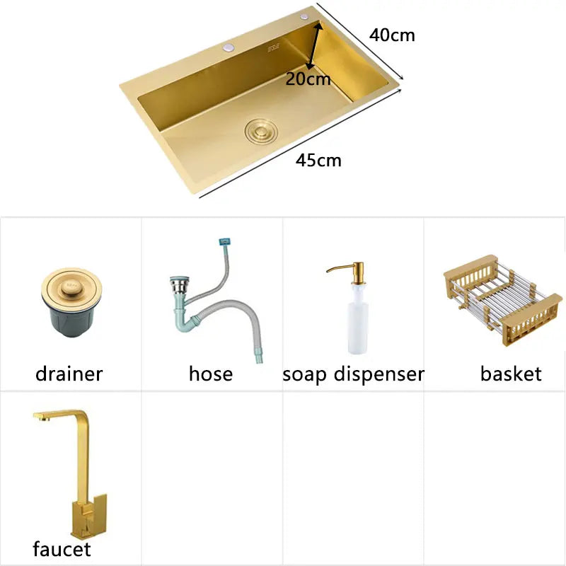 Évier de cuisine en or Bol unique en acier inoxydable Égouttoir Lavabo