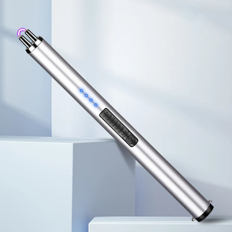 Briquet de cuisine long électrique rechargeable USB pour cuisinière Coupe-vent LED Plasma Arc Bougie sans flamme Cadeau de briquet inhabituel