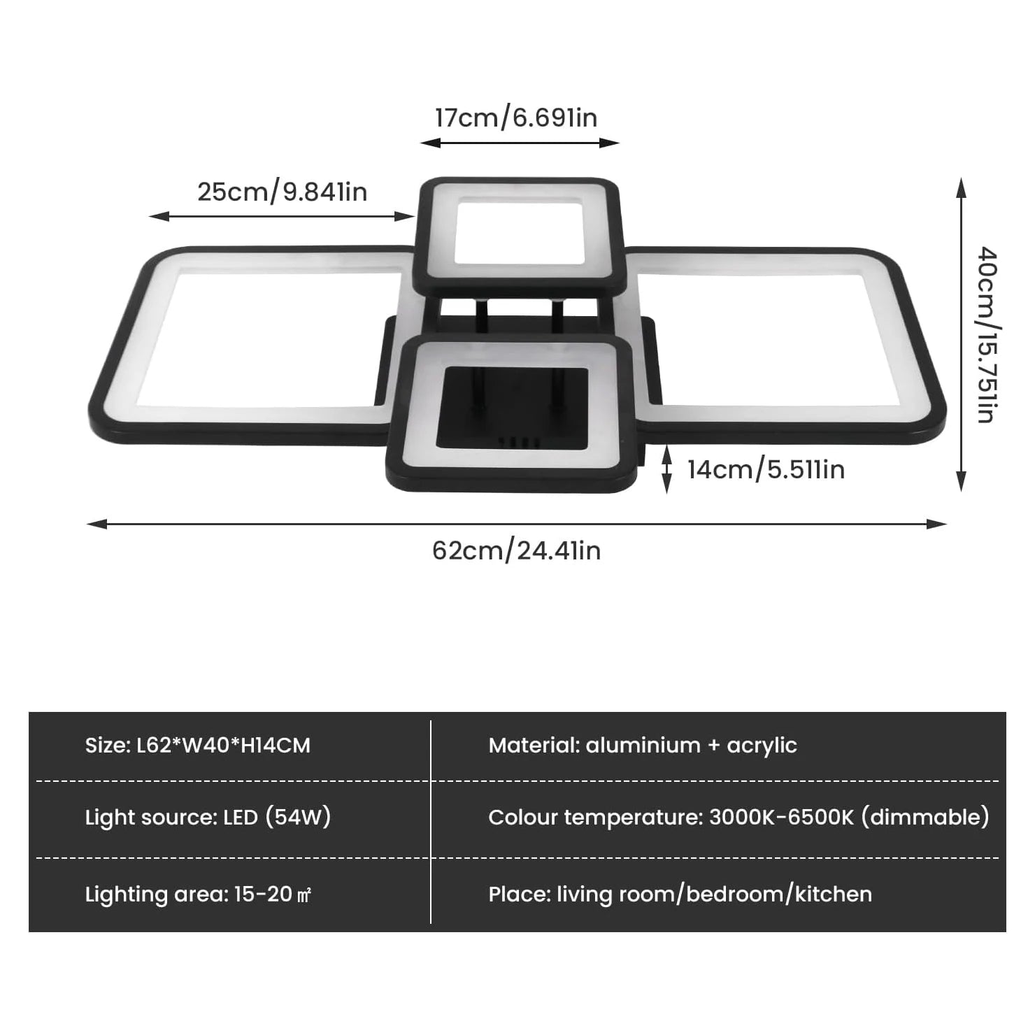 Plafonnier LED moderne 54 W avec télécommandé pour salon cuisine