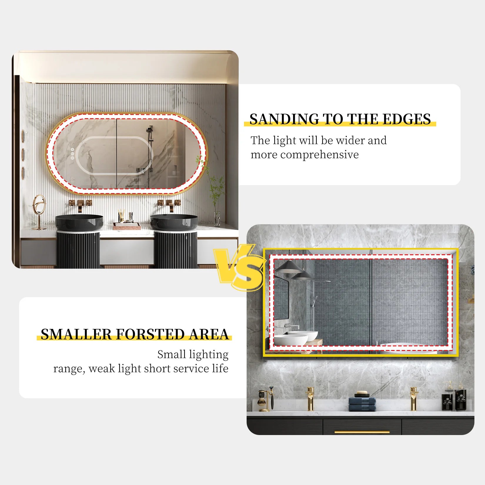 Grand miroir mural de salle de bain ovale à LED  à intensité variable anti-buée