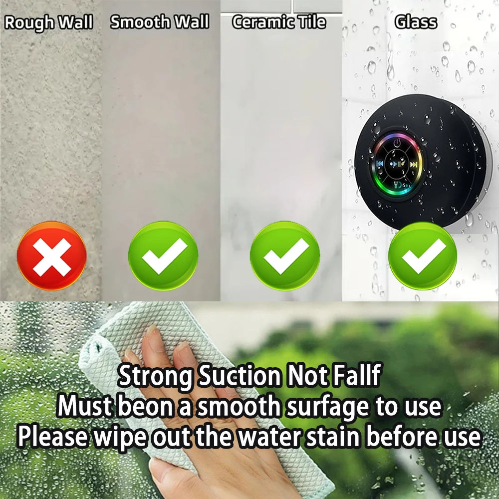 Haut-parleur Bluetooth sans fil portable LED étanche Salle de bain extérieure Grande ventouse