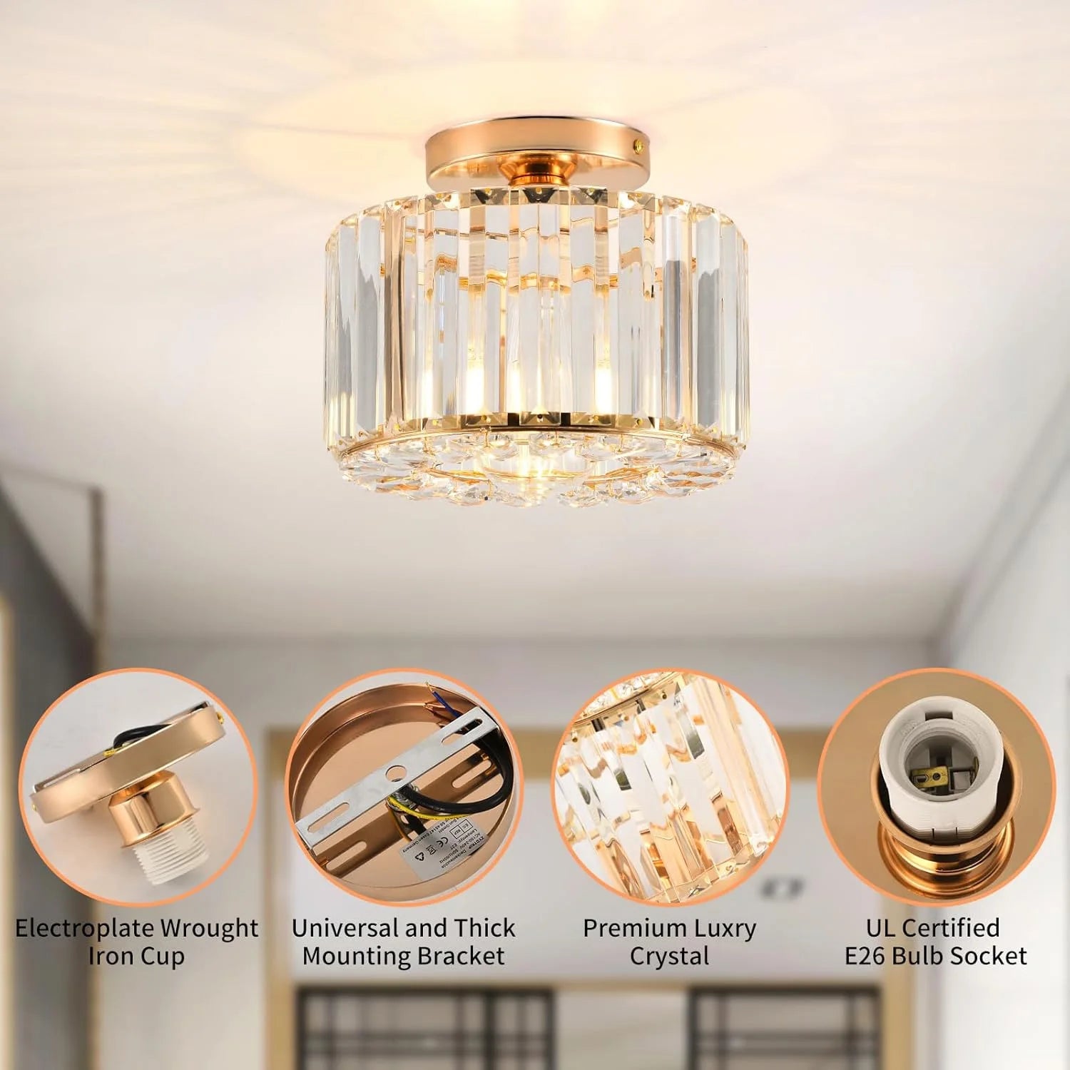 Plafonnier en cristal doré, tête de lampe E27 sans plafonnier de source lumineuse, plafonnier en cristal de style de luxe moderne