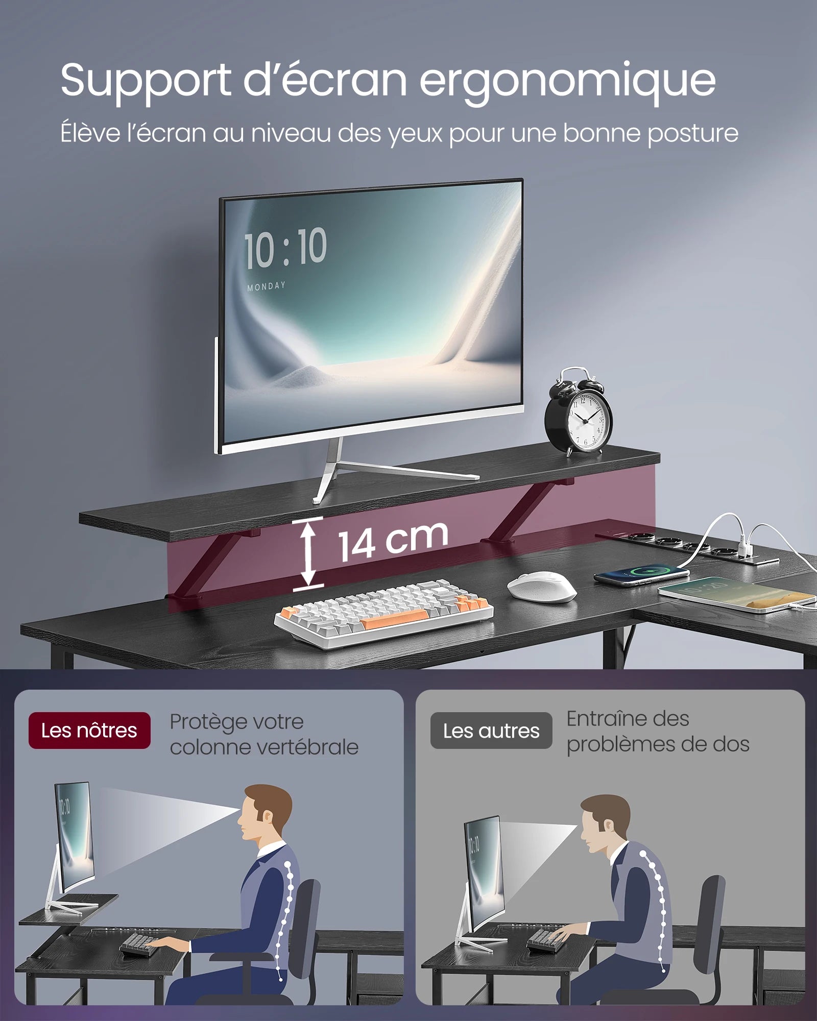 Bureau en forme de L VASAGLE avec prises, bureau d’angle, bureau d’ordinateur, support de moniteur, table de jeu, éclairage LED, ports USB