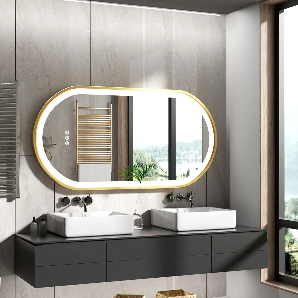 Grand miroir mural de salle de bain ovale à LED  à intensité variable anti-buée