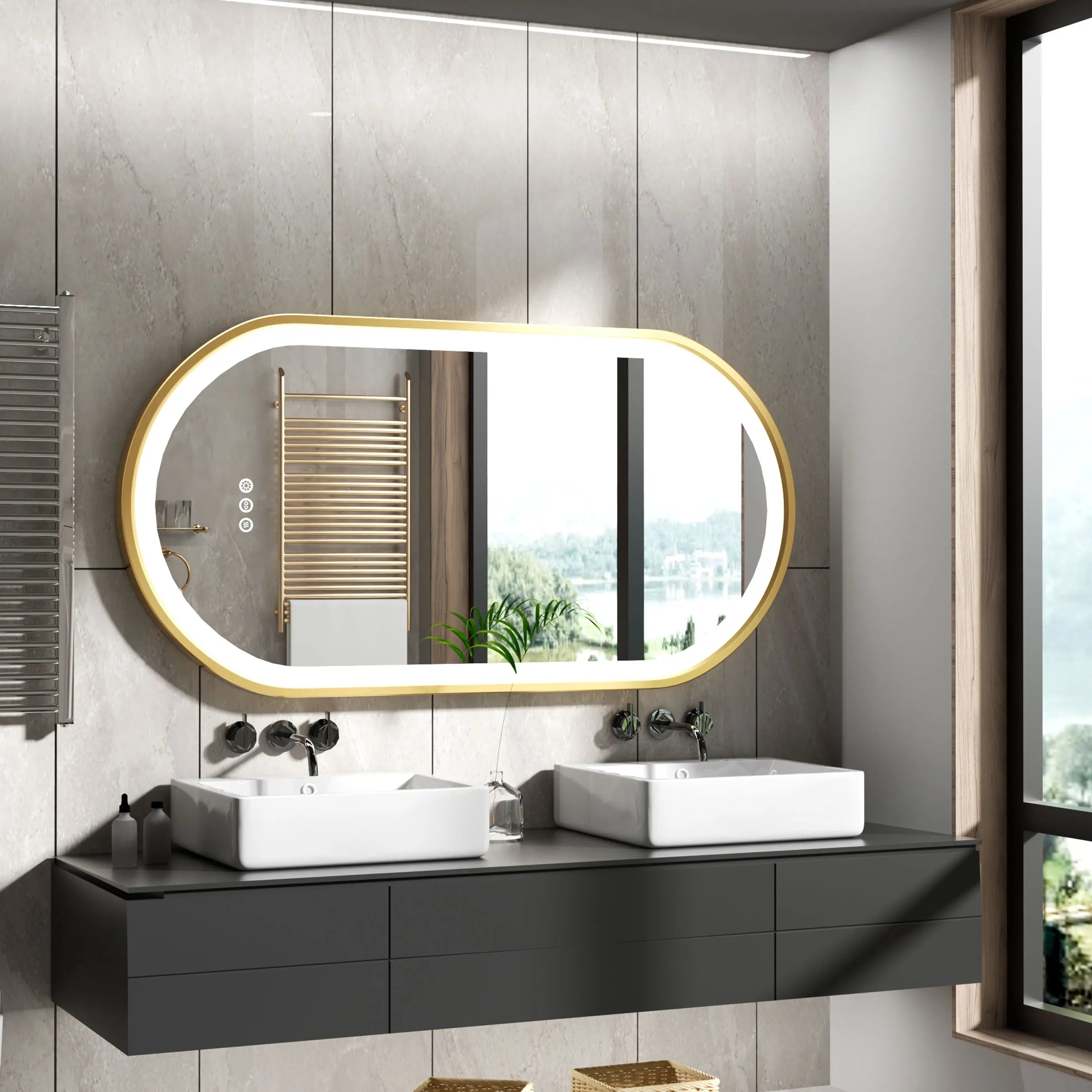 Grand miroir mural de salle de bain ovale à LED  à intensité variable anti-buée