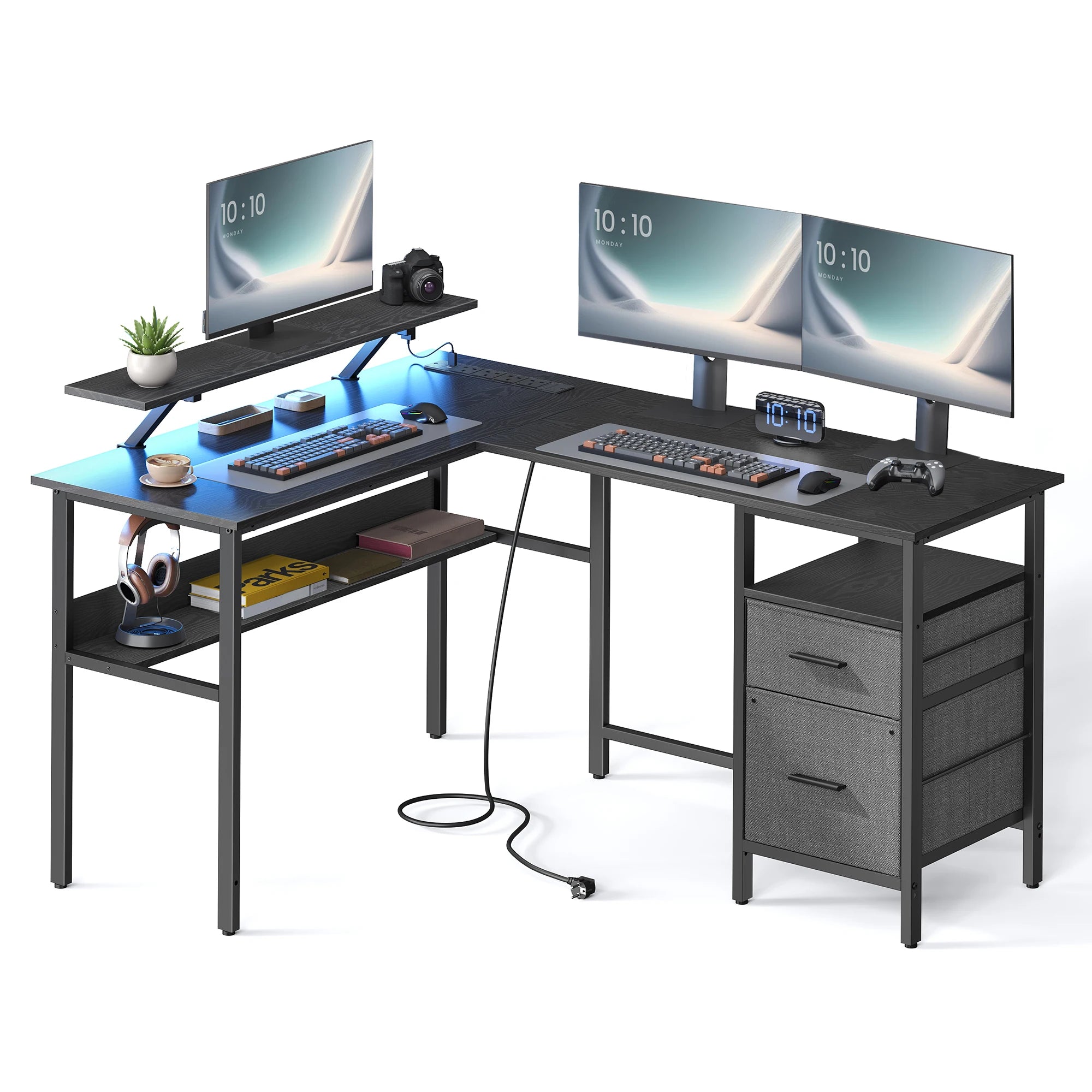 Bureau en forme de L VASAGLE avec prises, bureau d’angle, bureau d’ordinateur, support de moniteur, table de jeu, éclairage LED, ports USB