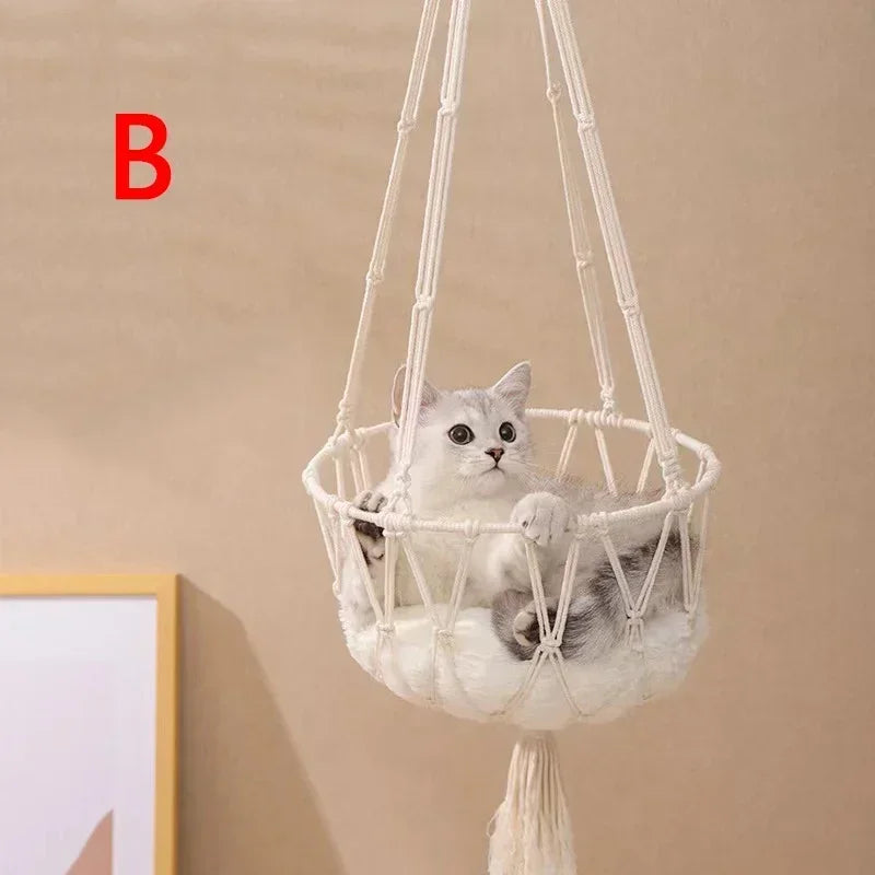 Hamac pour chat Panier suspendu Balançoire tissé à la main Corde de coton