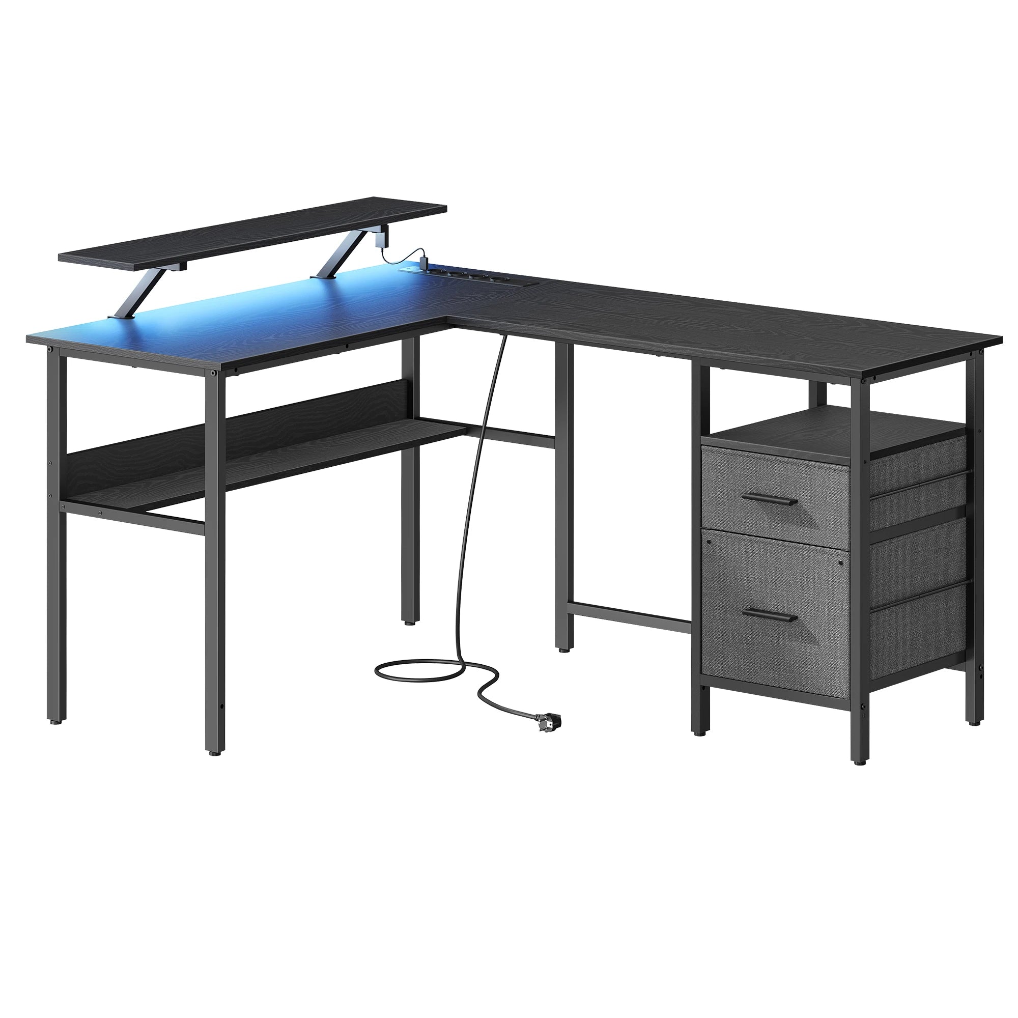 Bureau en forme de L VASAGLE avec prises, bureau d’angle, bureau d’ordinateur, support de moniteur, table de jeu, éclairage LED, ports USB