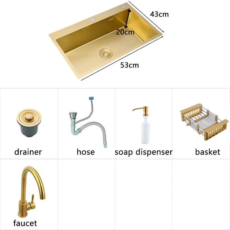 Évier de cuisine en or Bol unique en acier inoxydable Égouttoir Lavabo