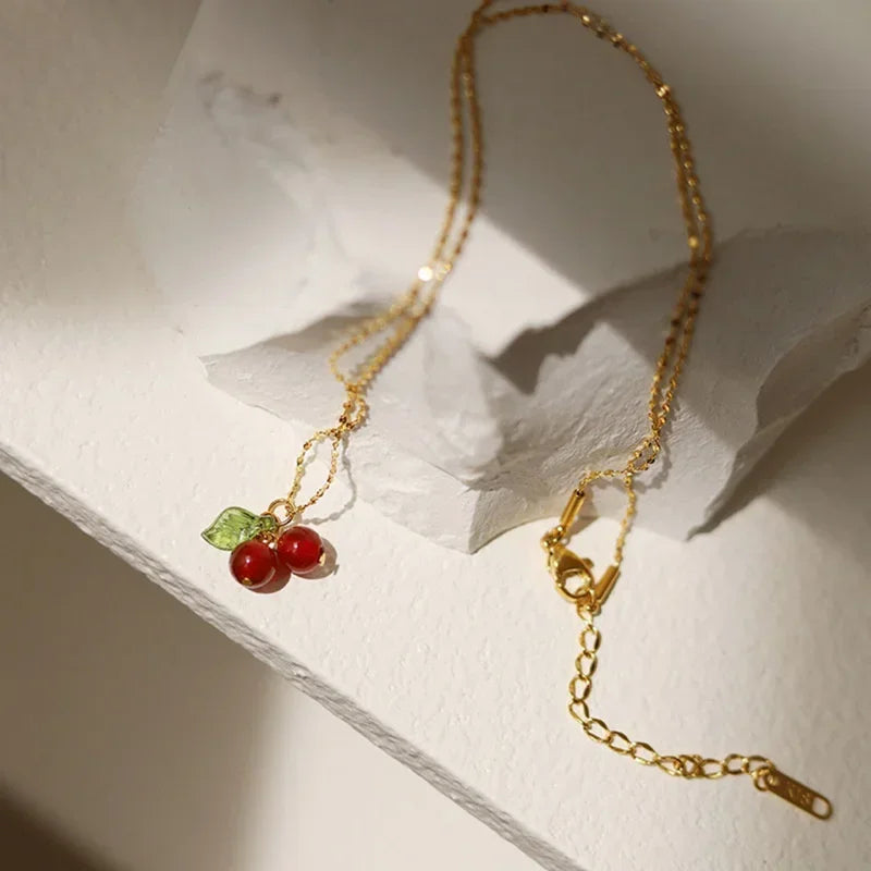 Bijoux Collier Cerises 🍒 Acier inoxydable mignon Perles de pierre naturelle