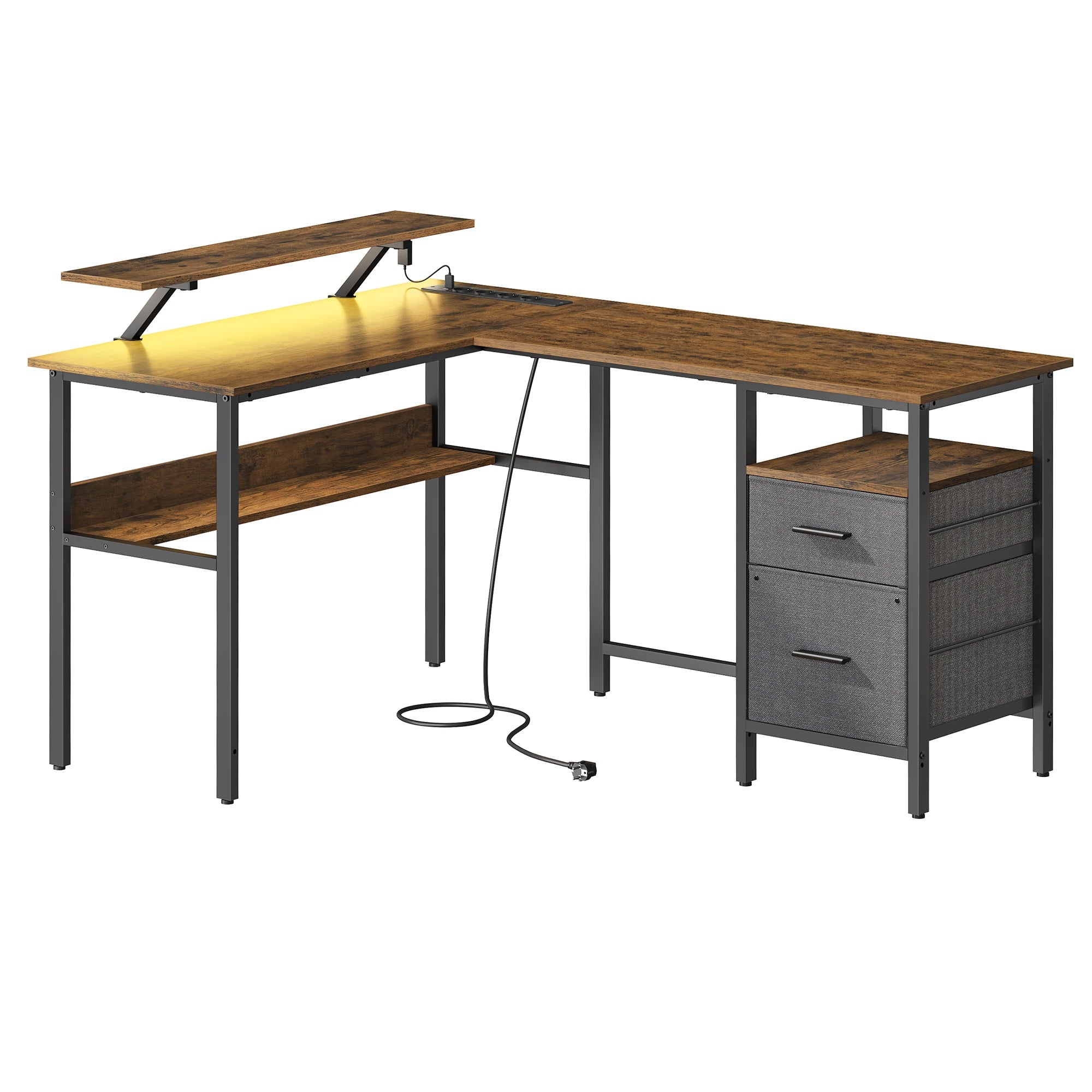 Bureau en forme de L VASAGLE avec prises, bureau d’angle, bureau d’ordinateur, support de moniteur, table de jeu, éclairage LED, ports USB