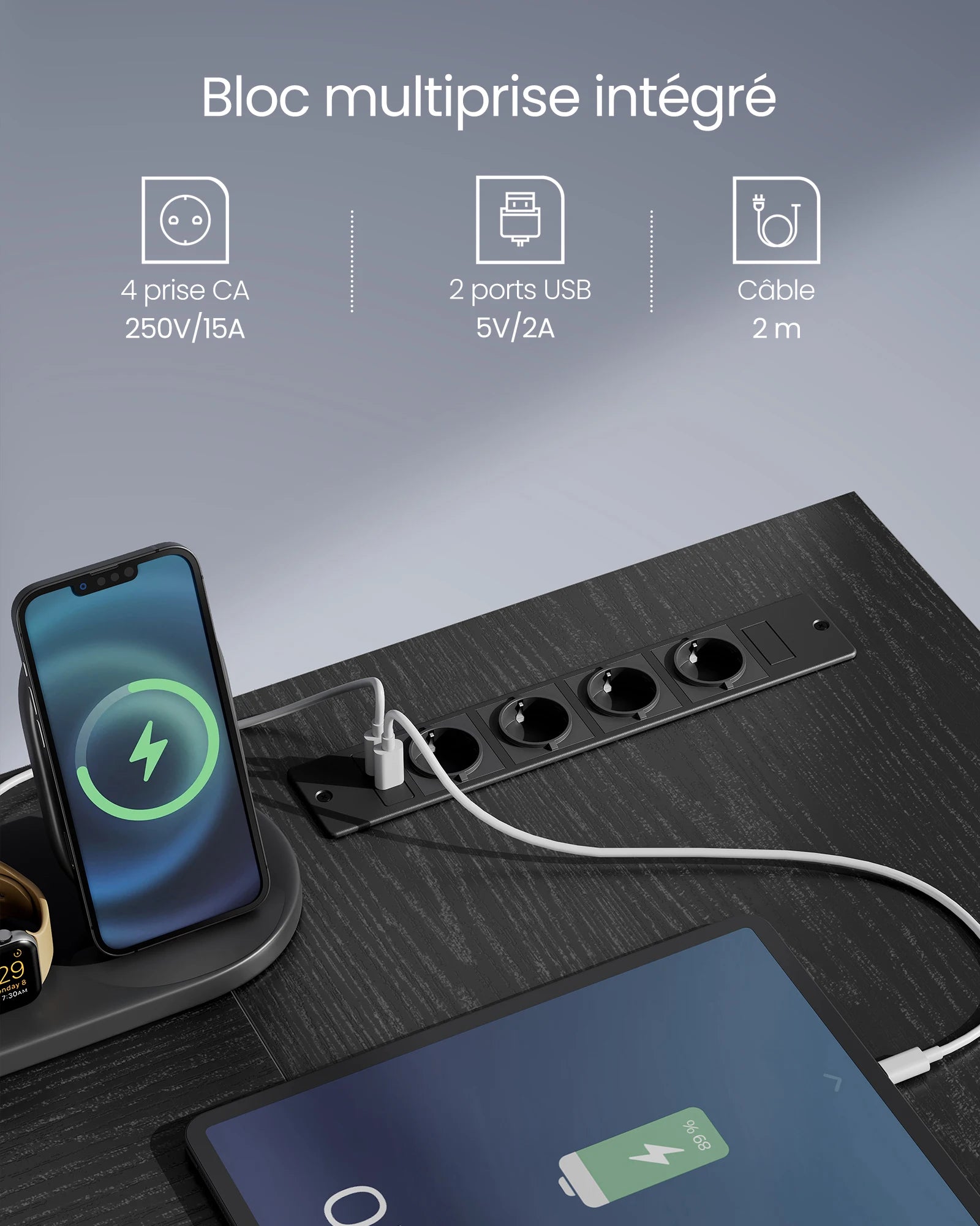 Bureau en forme de L VASAGLE avec prises, bureau d’angle, bureau d’ordinateur, support de moniteur, table de jeu, éclairage LED, ports USB