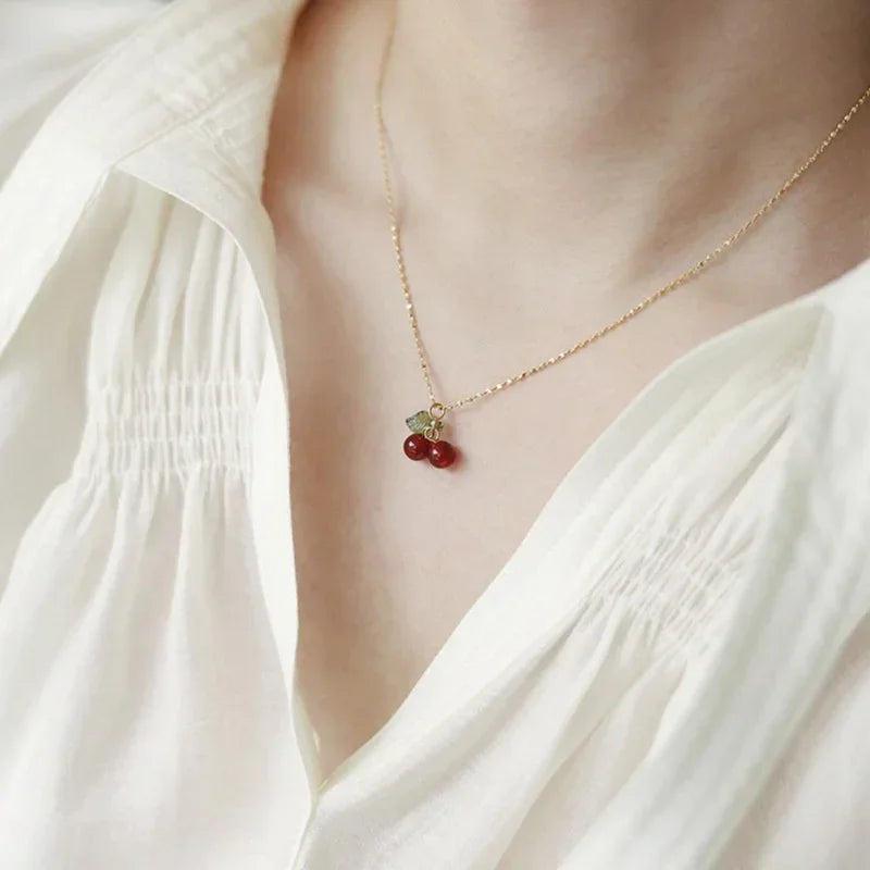 Bijoux Collier Cerises 🍒 Acier inoxydable mignon Perles de pierre naturelle